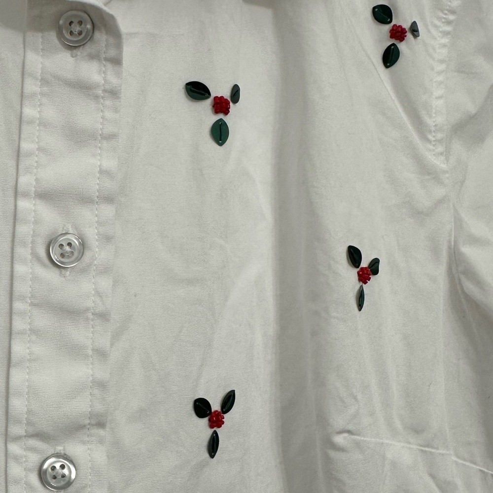 Talbots Women’s Button Down Shirt Small Sequin Holly Berry White Cotton Blouse - Picture 5 of 11